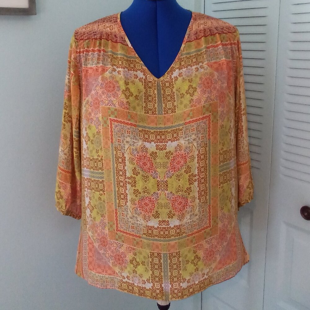 ROSE + OLIVE 2X FLORAL TUNIC V-NECK RUCHING ROUNDED HI-LO HEM 3/4 SLEEVES BUBBLE